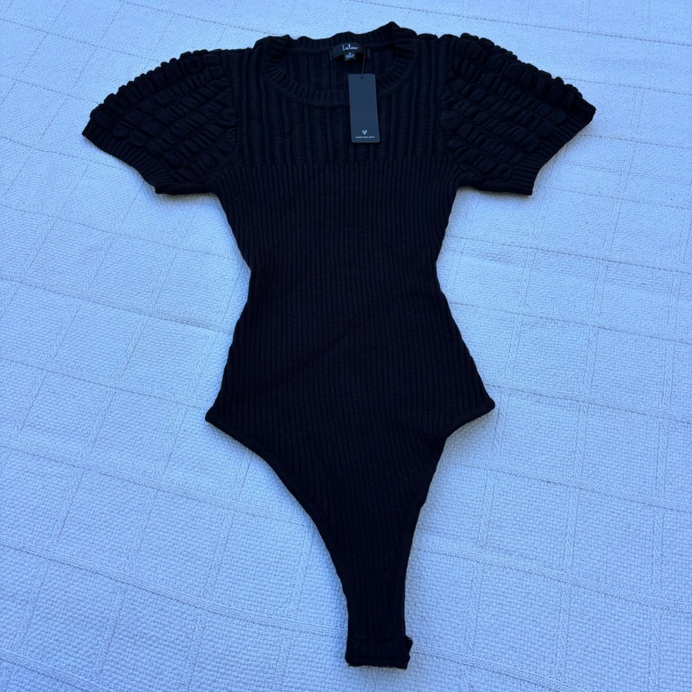 Women's Small LULU'S Black Puff Sleeve Sweater Knit Bodysuit NWT